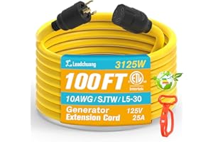Leadchuang 30 AMP Generator Cord 100 FT, 10AWG Generator Extension Cord 3 Prong with L5-30P/L5-30R, 125V/30A/3750W Generator Power Cord SJTW Extension Cord Featuring L-M-E Certified Top-Grade Copper