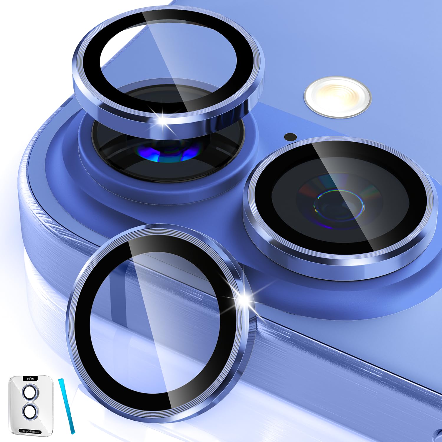 imluckies Camera Lens Protector for iPhone 16 / iPhone 16 Plus, AR+AF Tempered Glass 9H Anti-Scratch Metal Individual Lens Cover, HD Clear Camera Accessories, Case Friendly - Ultramarine