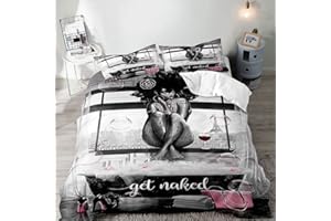 LUVIVIHOME VIVIHOME 3PCS Sexy Black Girl Duvet Cover Queen Set, Pink Bag High Heels Get Naked Inspirational Quotes African American Bedding Set, Comforter Cover, Apartment Bedroom Decor for Women, 2 Pillowcases
