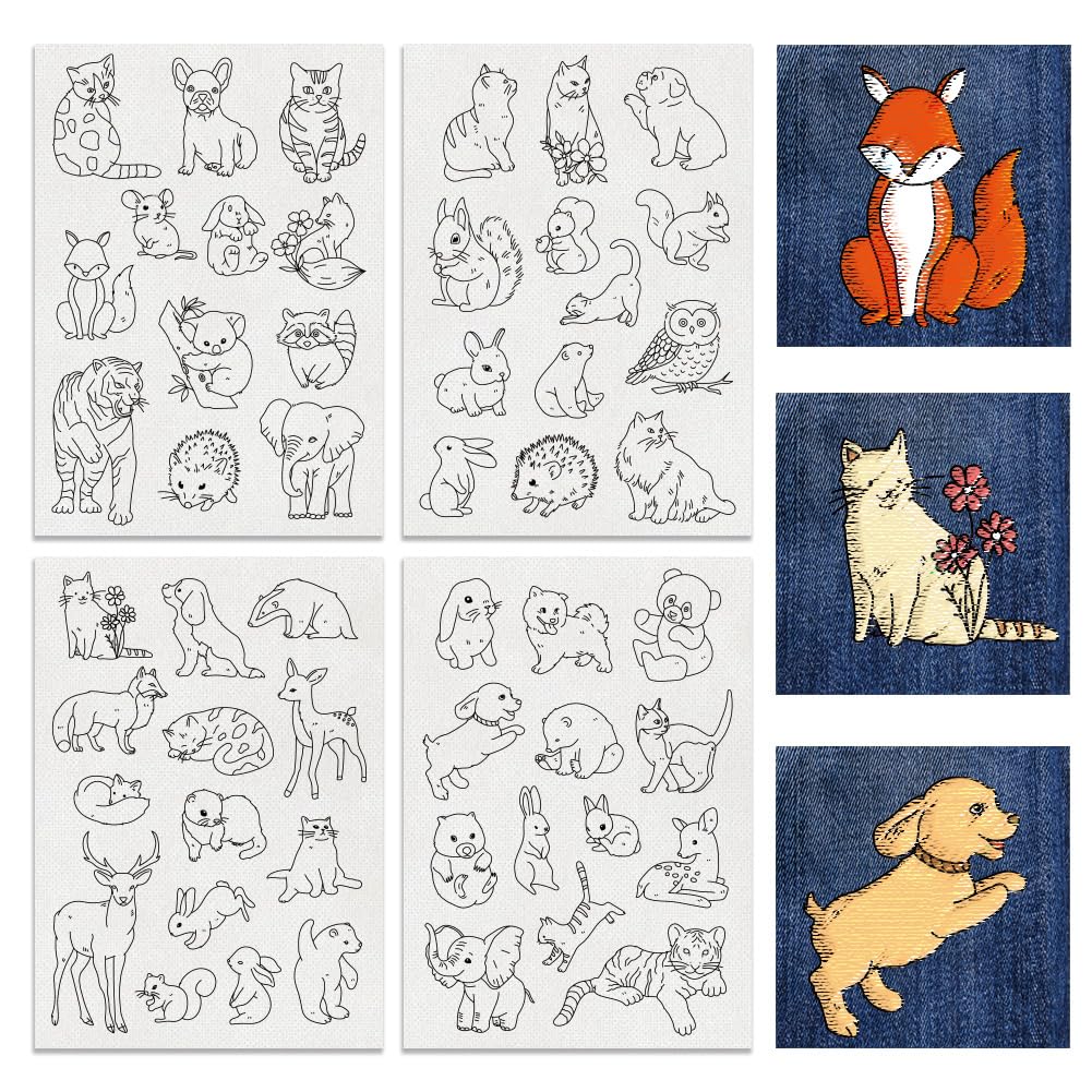 BENECREAT 4Sheets 52Pcs Animal Water Soluble Embroidery, 30x21cm Cats Dogs Rabbits Stick and Stitch Embroidery Paper Stabilizer Water Soluble Hand Sewing for Shirts, Coats, Bags