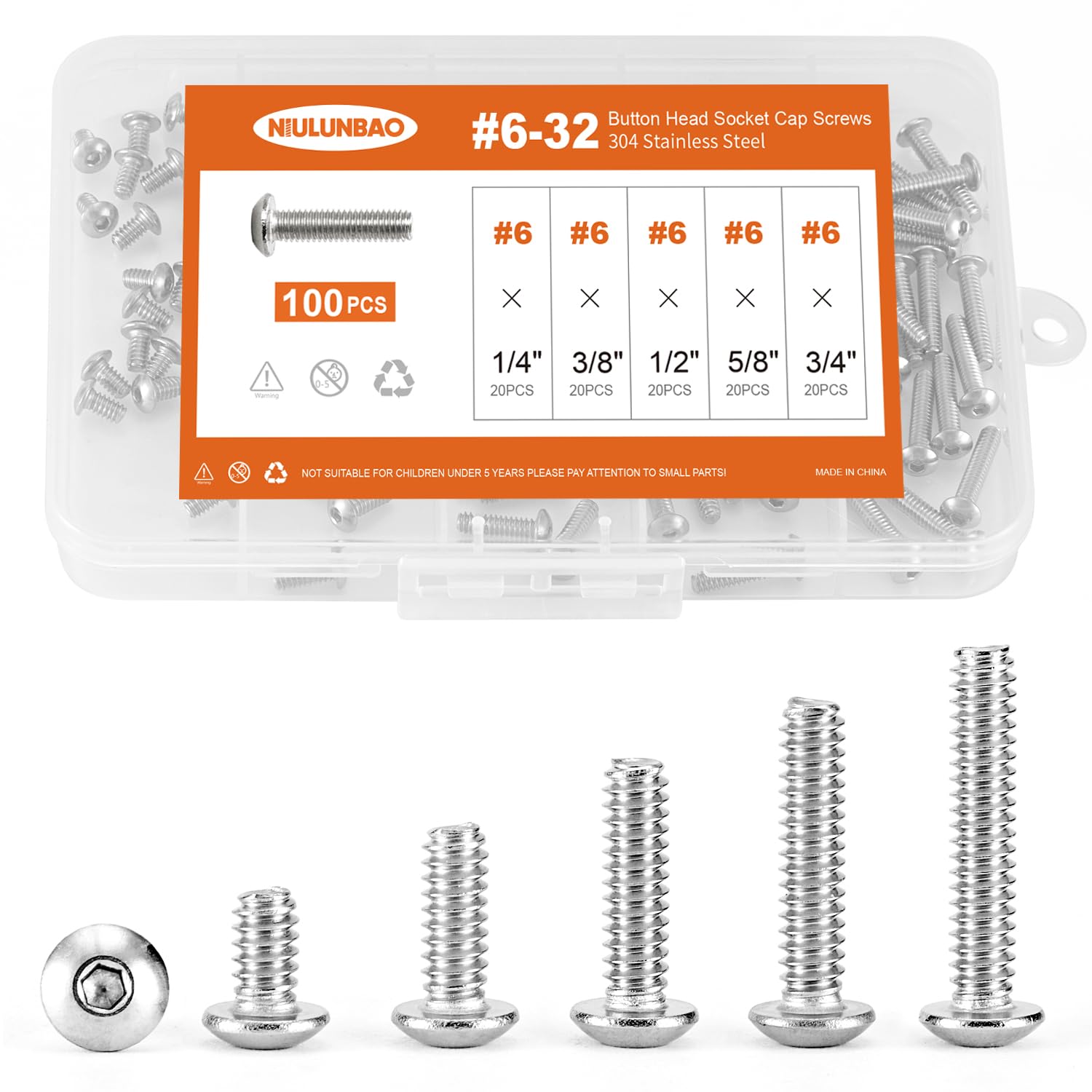 Photo 1 of NIULUNBAO #6-32 x 1/4", 3/8", 1/2", 5/8", 3/4" Button Head Socket Cap Screws Bolts 304 Stainless Steel, Allen Hex Drive, Machine Bright Finish Fully Threaded, Assortment Kit 100PCS