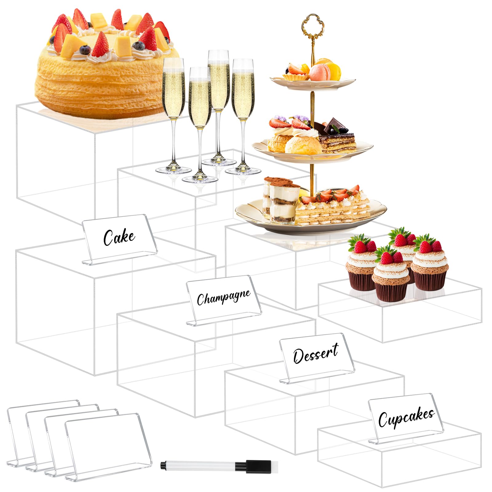 Photo 1 of Buffet Risers Set of 8 Acrylic Cube Display Stands Box Risers with Hollow Bottoms 4 Different Size Dessert Table Display Set Food Nesting Risers for Buffet Table, Cupcake Candy Food, Parties, Brunch, Weddings (8 PCS Clear cube)