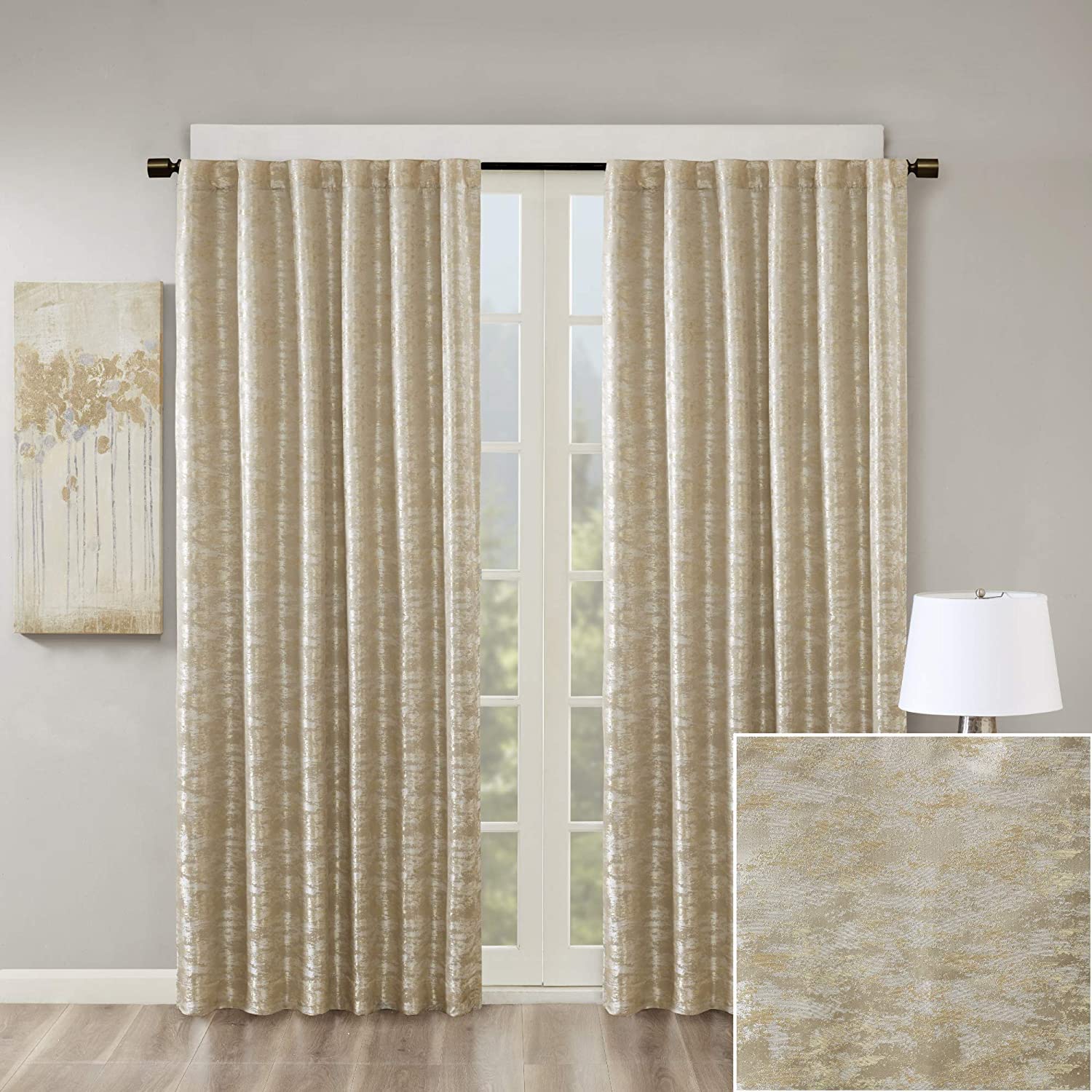 Sun Smart Cassius, Single Total Blackout Curtain for Bedroom, Luxurious Sheen Marble Jacquard, Window Treatment Panel, Rod Pocket Top, Easy to Hang, Fits 1.25" Rod, Machine Washable, 50" x 84" Gold