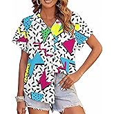 80s 90s Outfits for Women 80s Party Themed Outfit Shirt 90s Hawaiian Button Down Shirts Retro Neon Disco tee Tops
