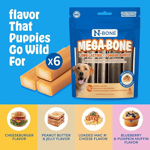 N-BONE MEGA-BONE LONG-LASTING DOG CHEWS, MAC N’ CHEESE FLAVOR, 6COUNT, 16.8OZ