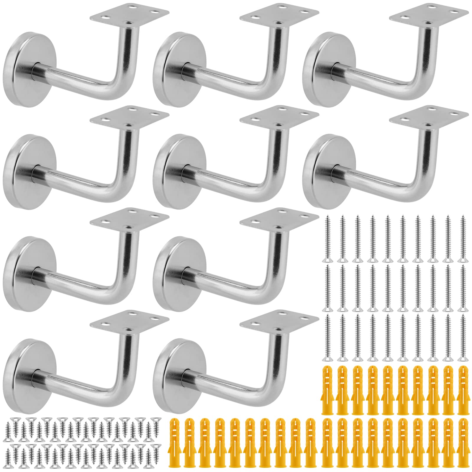 MUKLEI 10 PCS Stair Handrail Brackets, Stair Rail Brackets Stainless Steel, Heavy Duty Handrail Bracket for Stairs Wall Mounted Bannister Bracket, Silver