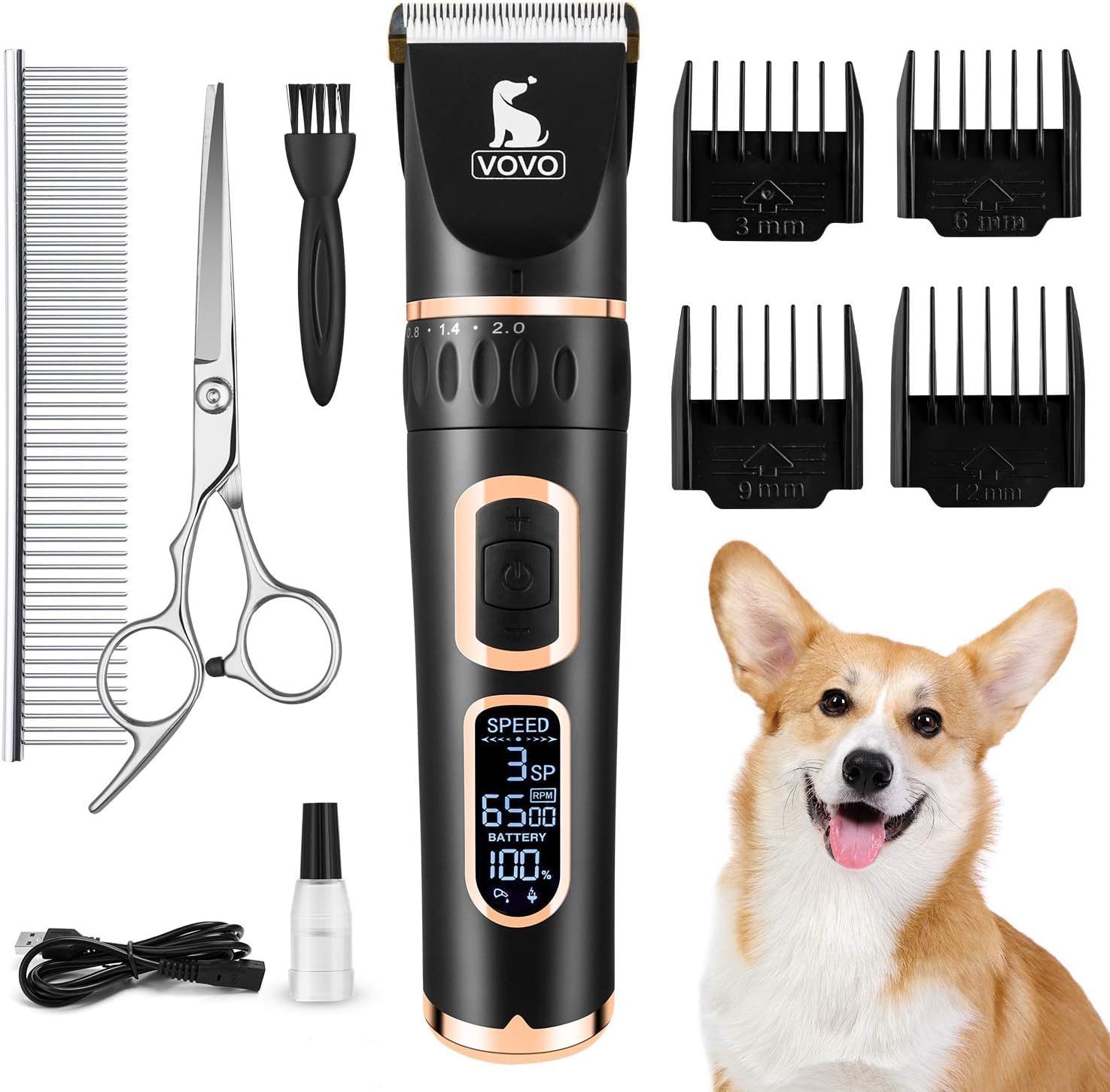 VOVO Dog Clippers Professional 3-Speed Low Noise Pet Grooming Kit Tools Rechargeable Cordless Electric Hair Clippers for Dogs Cats Pets