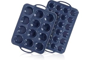 Vnray 2 Pack Silicone Muffin Pan with Metal Frame,Non Stick Silicone Cupcake Pan with Handles 12 and 24 Cup, BPA Free Silicon