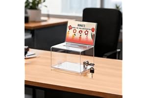 KYODOLED Clear Donation Box for Fundraising with Lock & Sign Holder, Multi-Use Voting and Raffle Box, Tip Jar, Secure Storage, Durable Plastic, 6.2'' x 4.6'' x 4.0''