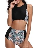 Tempt Me Women 2 Piece Floral Print Patchwork Racerback Crop High Waisted Bikini