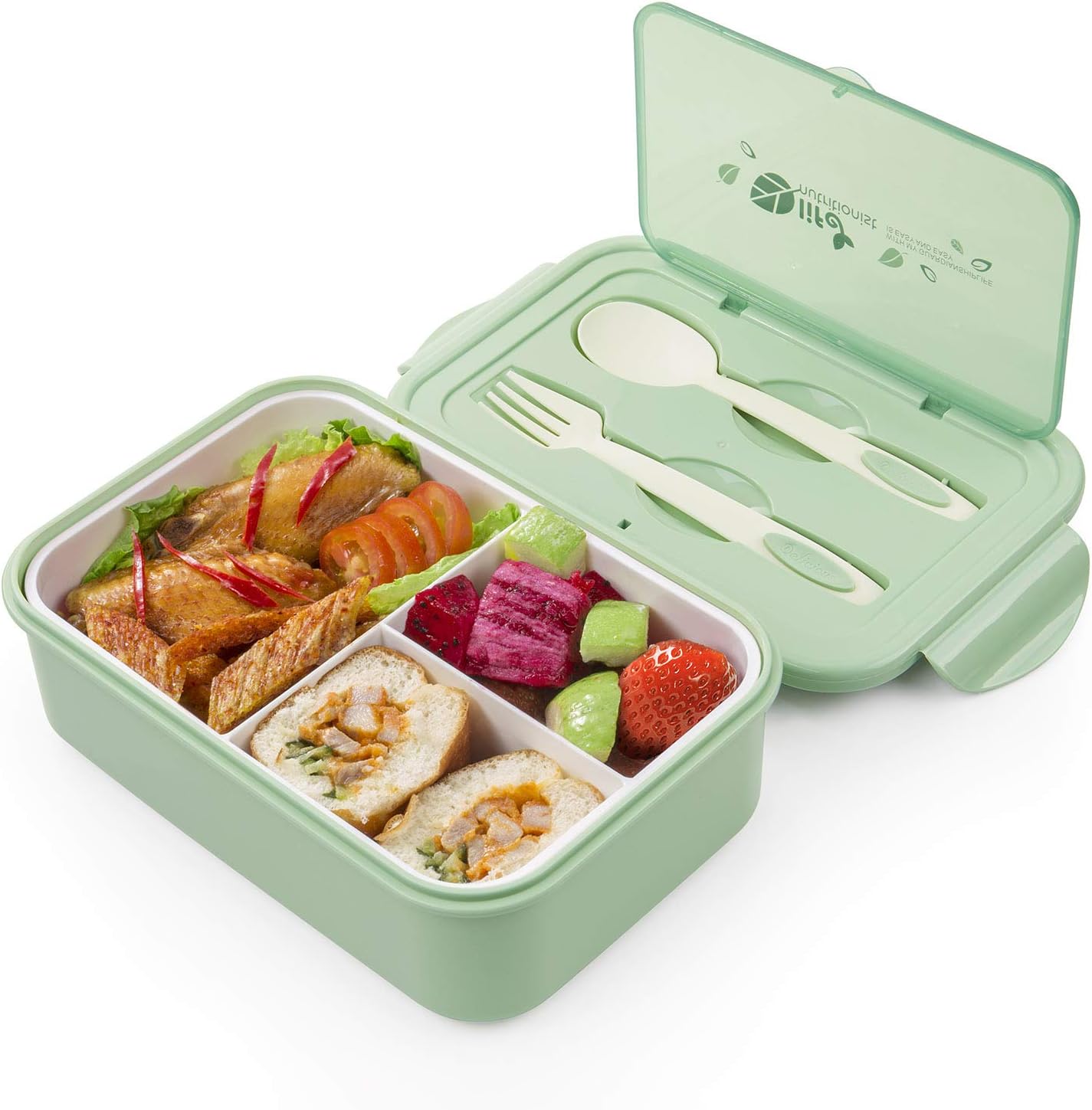 Bento Box for Adults & Kids , Lunch Container with Spoon & Fork,Reusable 3-Compartment Divided Food Storage Container Boxes, On-the-Go Meal and Snack Packing (Green)