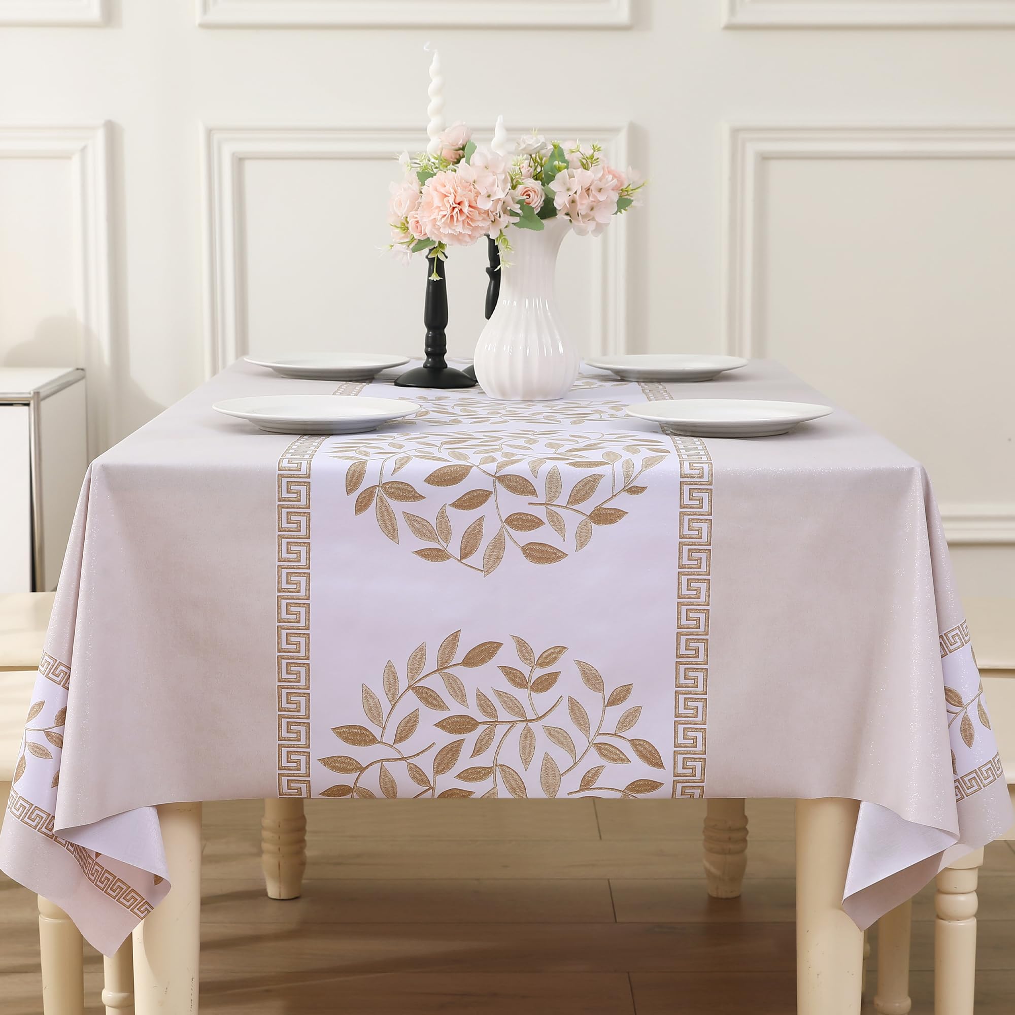 Rayapot Rectangular Table Cloth PVC Vinyl Wipe Clean Tablecloth Wipeable Plastic Stain Resistant Waterproof Oil-proof Spill Proof Table Cover Protector for Kitchen Dining - Leaf - Beige - 140x180cm