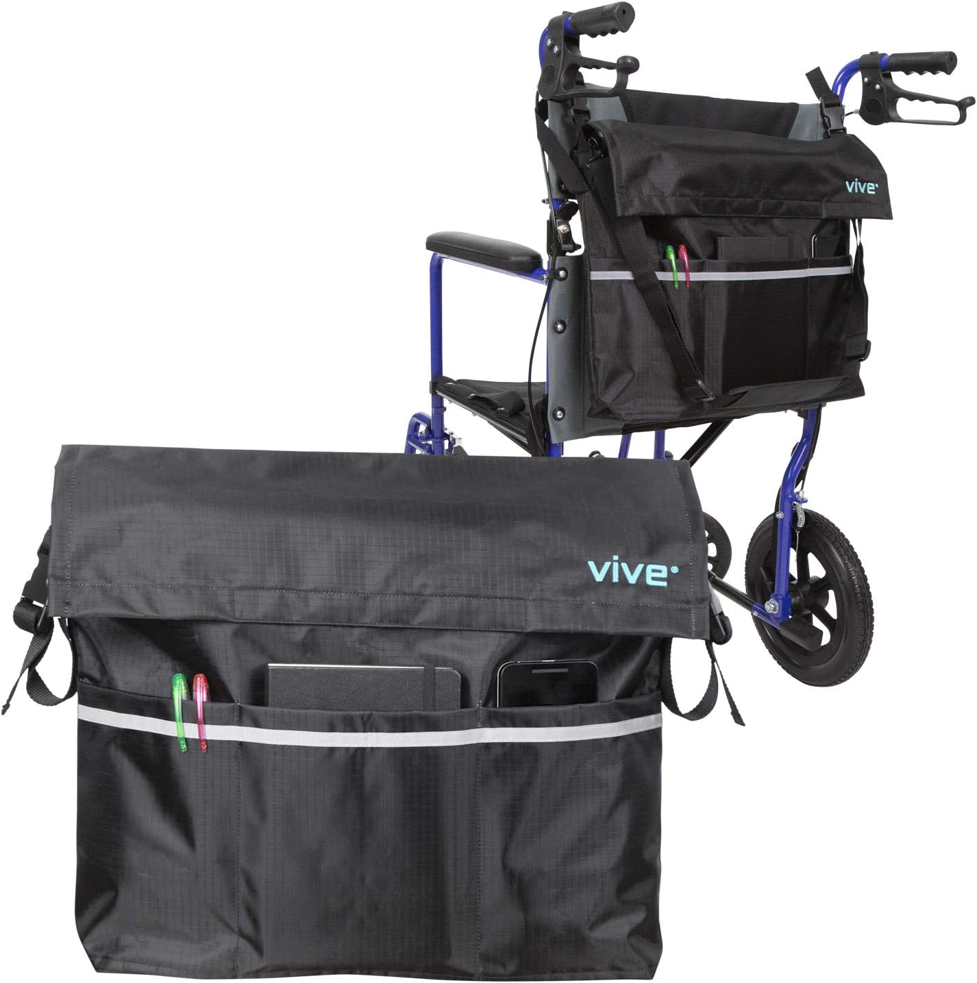 Vive Wheelchair Bag - Wheel Chair Storage Tote Accessory for Carrying Loose Items and Accessories - Travel Messenger Backpack for Men, Women, Handicap, Elderly - Accessible Pouch and Pockets, Black: Health & Personal Care