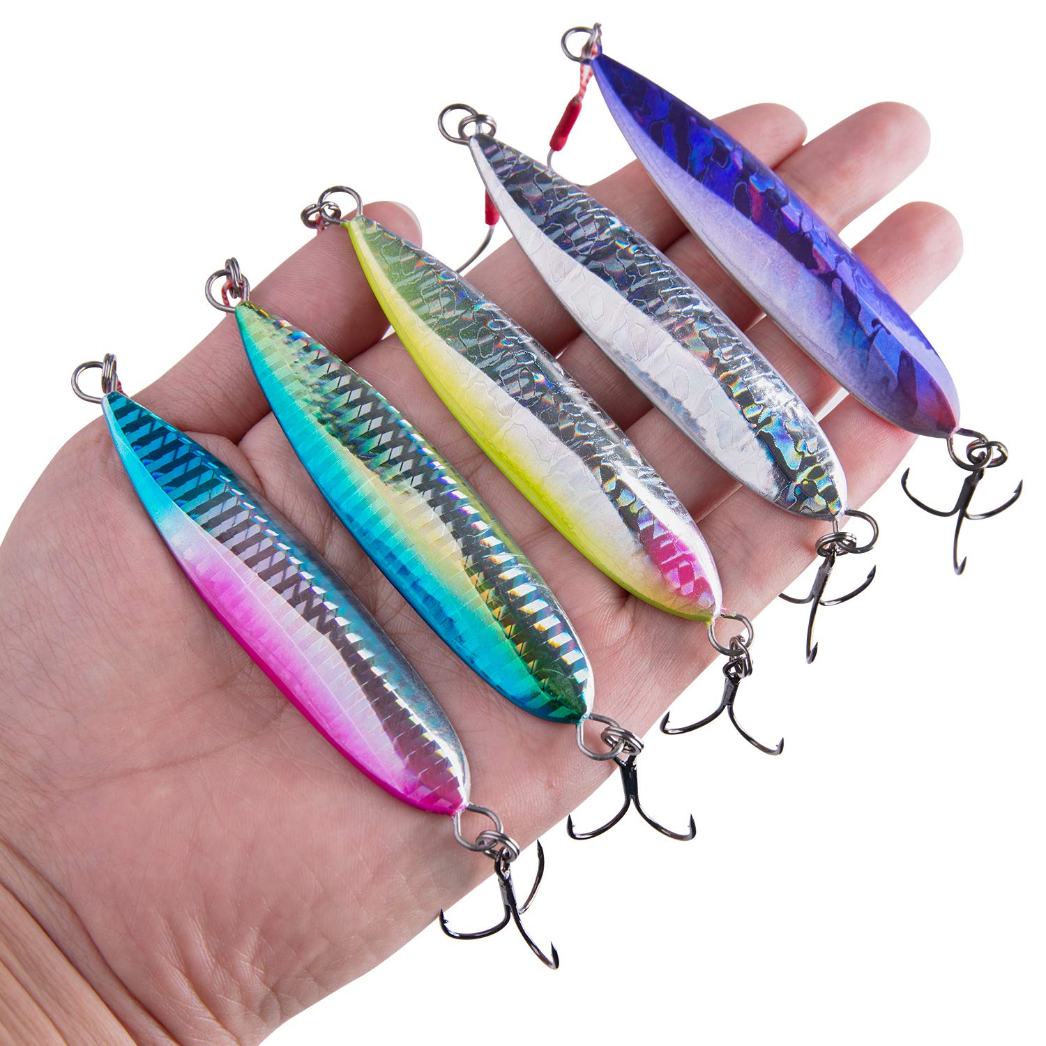 Goture Vertical Jigs Fishing Lure Metal Spoons with Feather Treble Hooks Saltwater Jigging Bait - Multi Colors， Pack of 5, 1.41oz