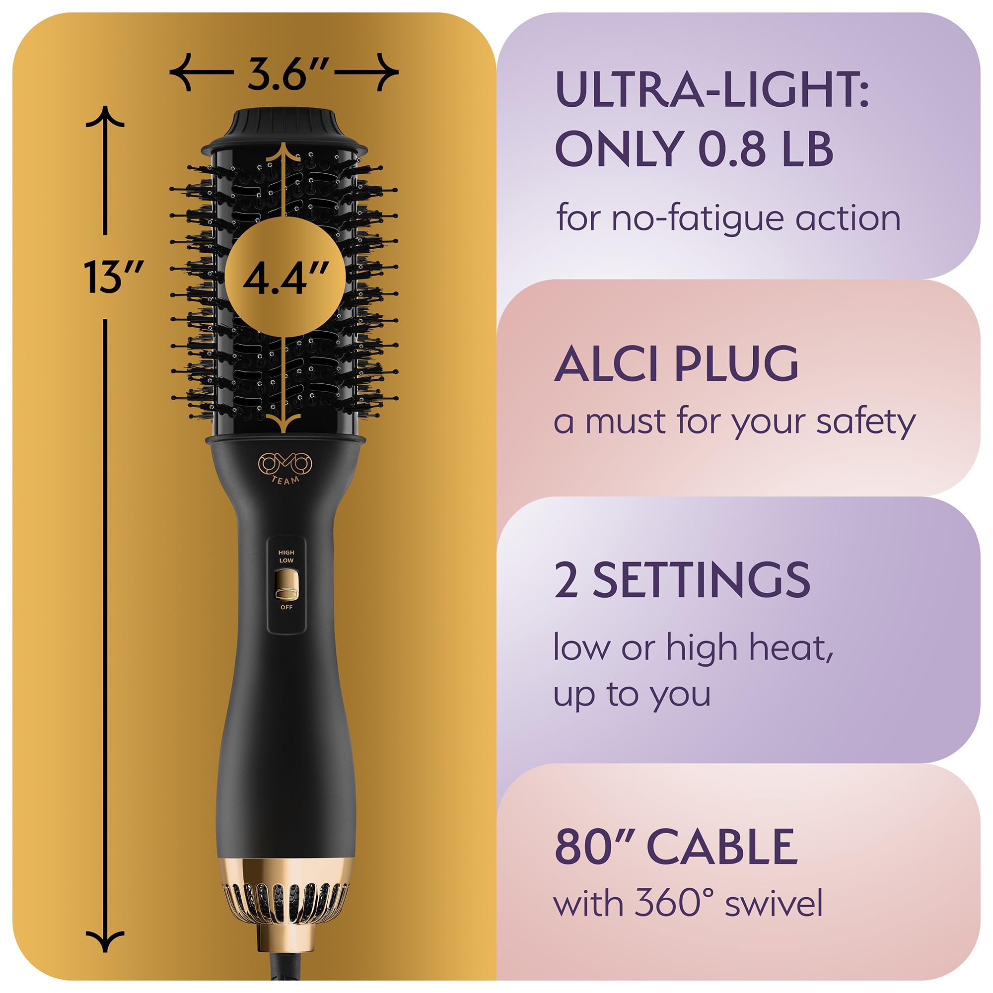 Professional Dual Voltage Blowout Hair Dryer Brush for European Travel 110V-120V/220V-240V, Black Gold Dryer and Volumizer, Hot Air Brush for Women, 2.4 INCHES Oval Shape