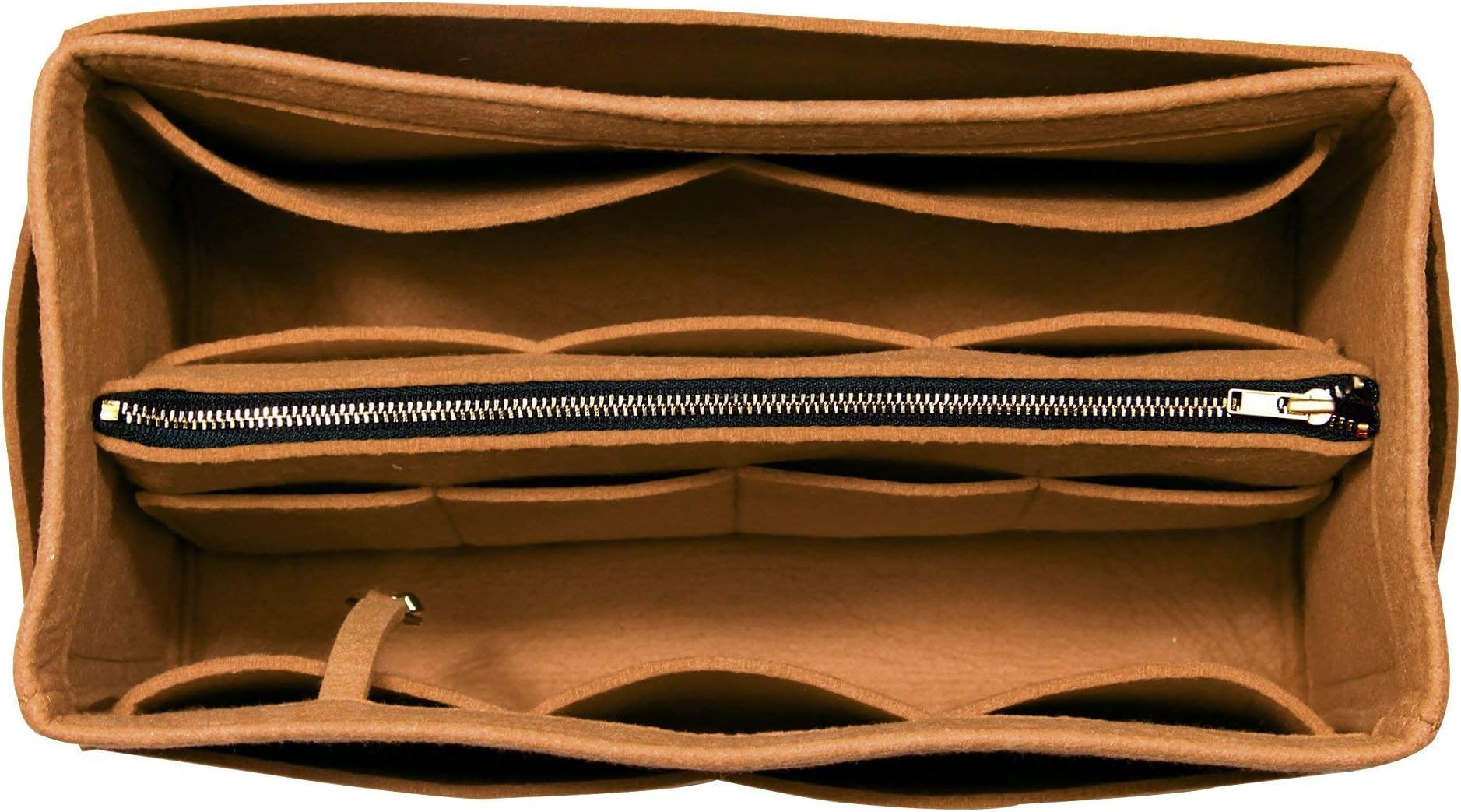 [Fits Le Pliage Tote Bag L, Light Brown] Purse Insert (3mm Felt, Detachable Pouch w/Metal Zip), Felt Tote Bag Organizer
