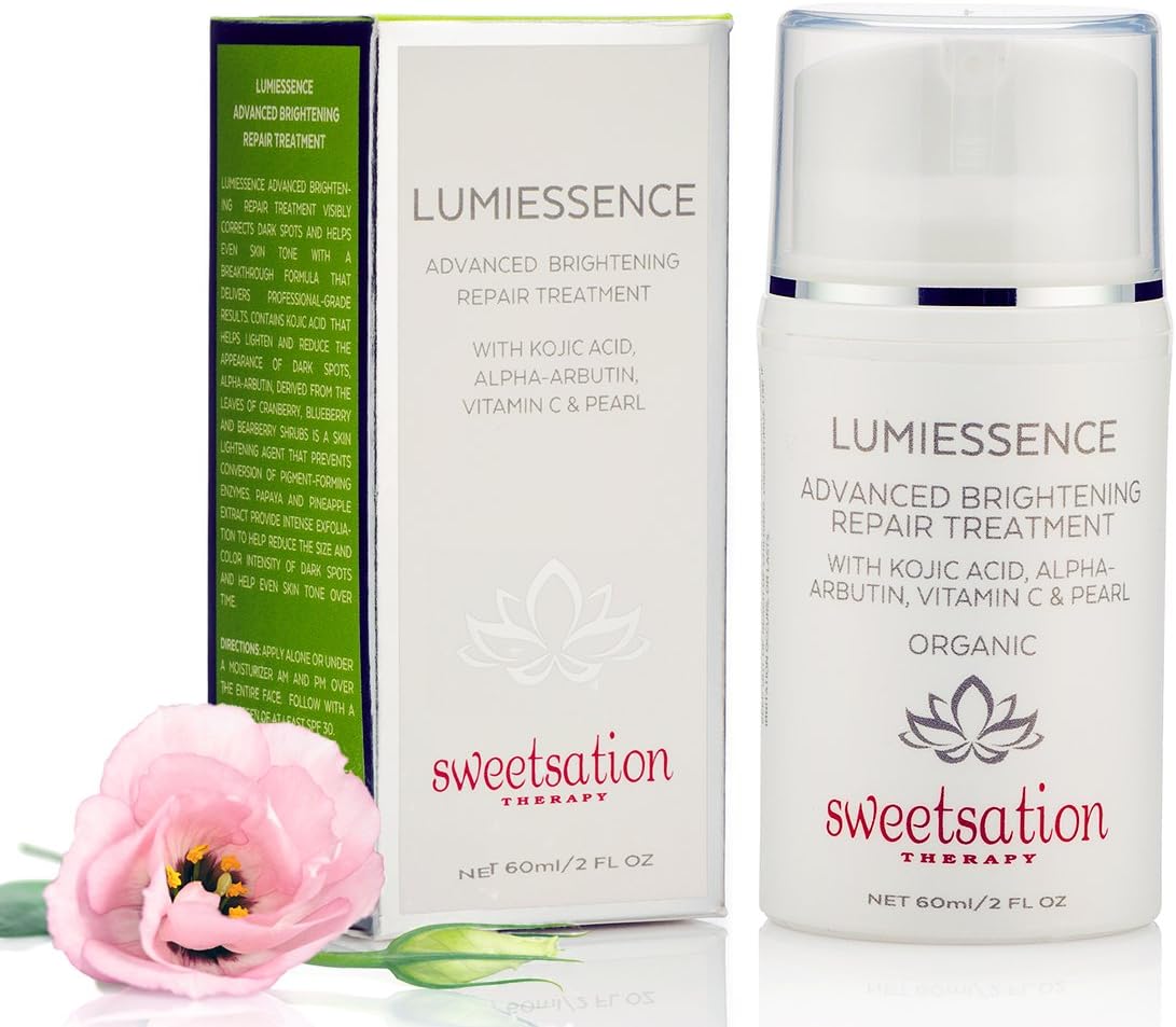 Sweetsation Therapy LumiEssence Organic Advanced Skin Brightening/Whitening Repair Treatment Spot Corrector, with Kojic Acid, Arbutin & Vitamin C, 2oz. For uneven sun damaged skin, brown spots.