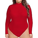 COOTRY Women's Plus Size Mock Turtle Neck Bodysuit Long Sleeve Basic Tops