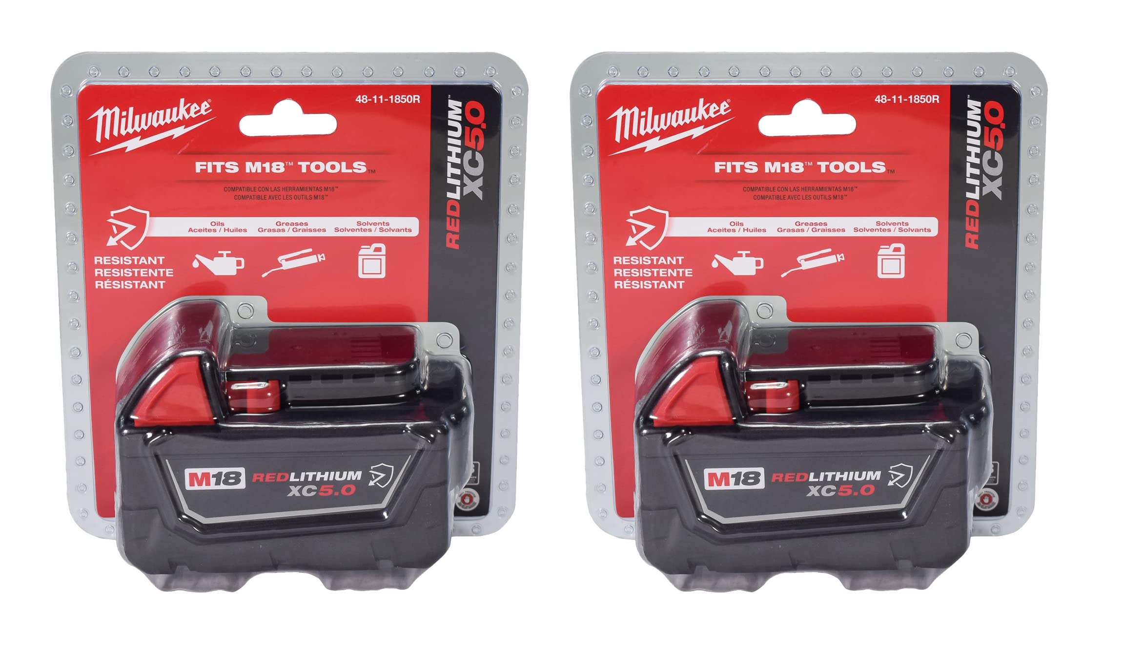 Photo 1 of Milwaukee 48-11-1850R M18 18V 5Ah XC Extended Capacity Resistant Battery 2 Pack, (48-11-1850Rx2)