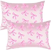 YZFDUI Pink Bow Satin Pillowcase for Hair & Skin Care, Standard Size Set of 2 - Luxurious Satin Pillow Cover with Envelope Closure(20x26 Inches)