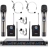 4 Channel Wireless Microphone System UHF 2 Cordless Handheld Mics and 2 Lavalier Headset Mics for Karaoke Church Speaking Conference Meeting Party, 4x25 Adjustable Frequency (2 Handheld + 2 Bodypack)
