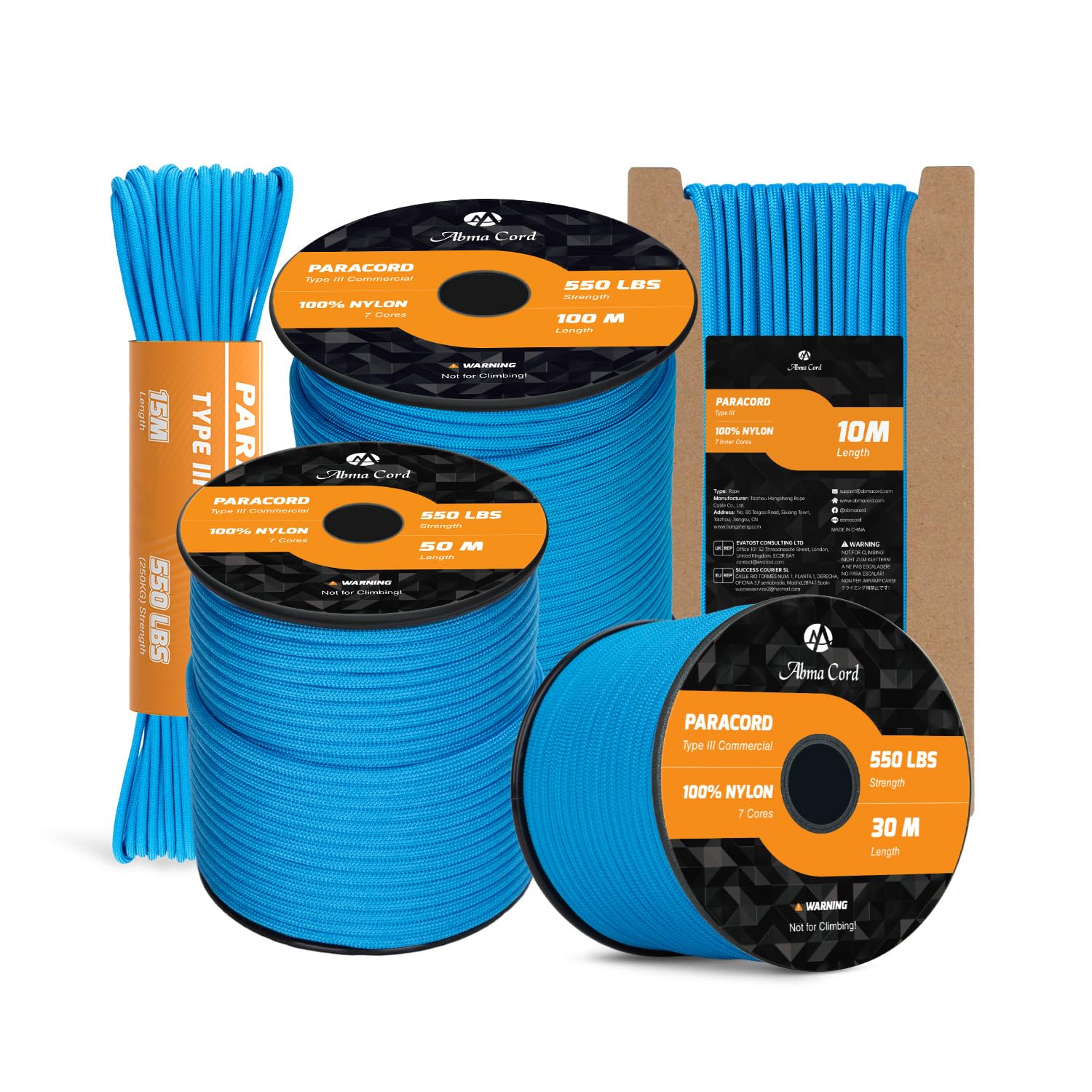 Abma Cord Paracord 550 4mm 15m 100% Nylon Rope Type III 7 Strands Parachute Cord for DIY, Camping, Survival, Outdoor - Max. 250kg - Blue