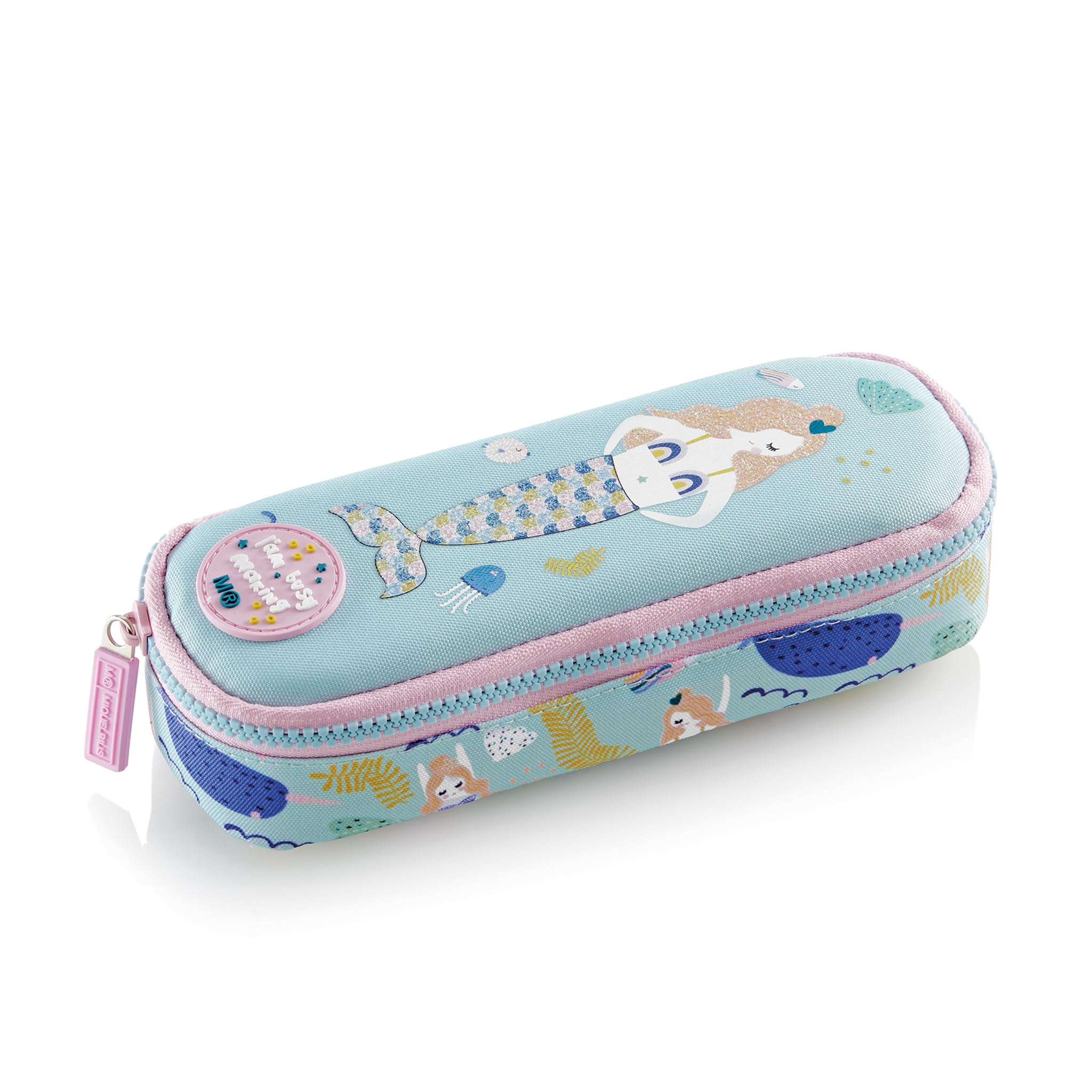 Miquelrius - Pencil case with a compartment, oval school pencil case, durable plastic zip, metal handle, pencil case 205 x 45 x 60 mm, Little Mermaid, sky blue, 205 x 45 x 60 mm, MERMAID RECYCLED OVAL