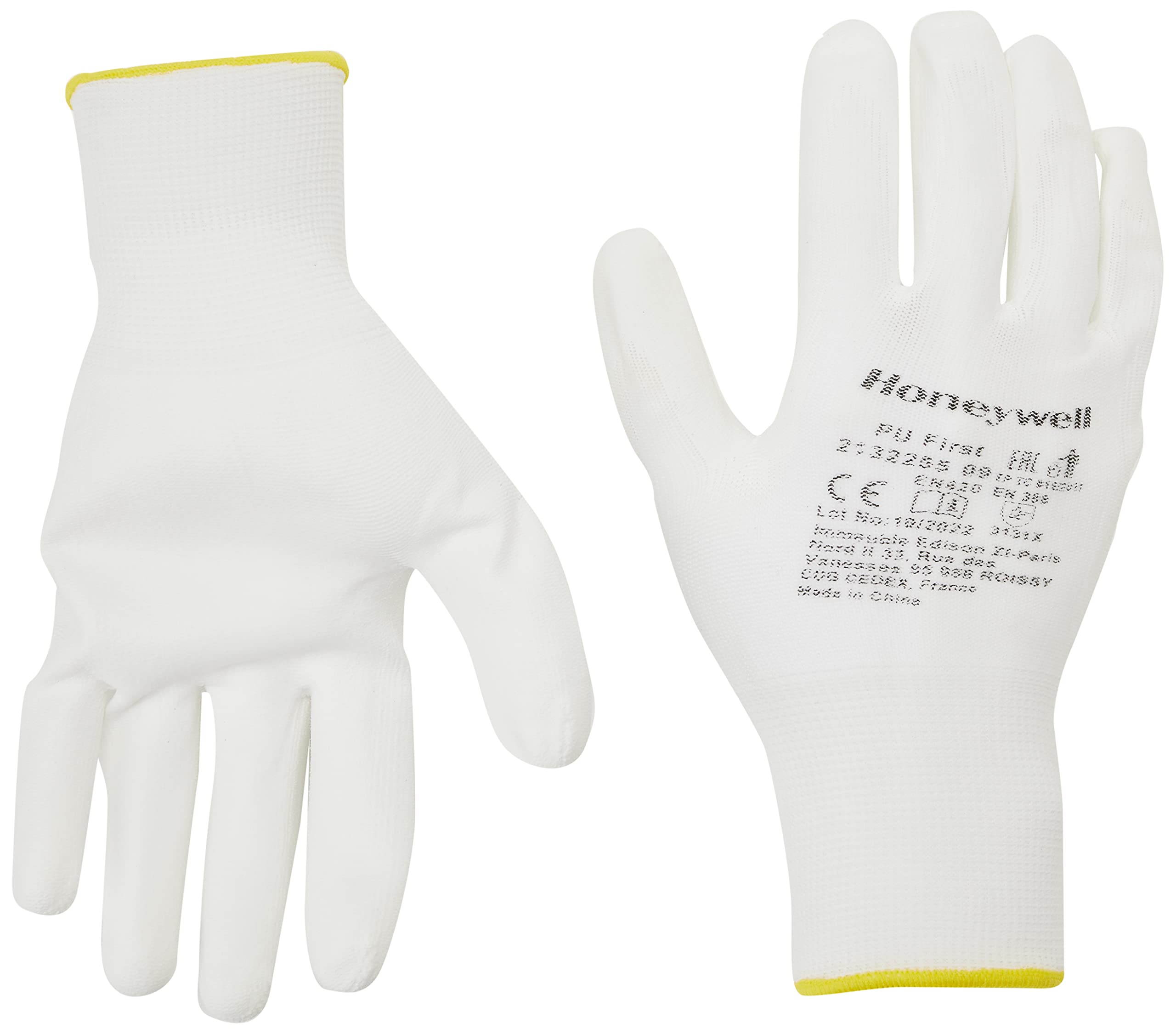 Honeywell 2132255-09 PU First Gloves, 100% Nylon Knitted, White, PU Coating on the Palm and Fingers, Used for Fine Handling or Under Glove, Size 9 (Pack of 10 Pairs)