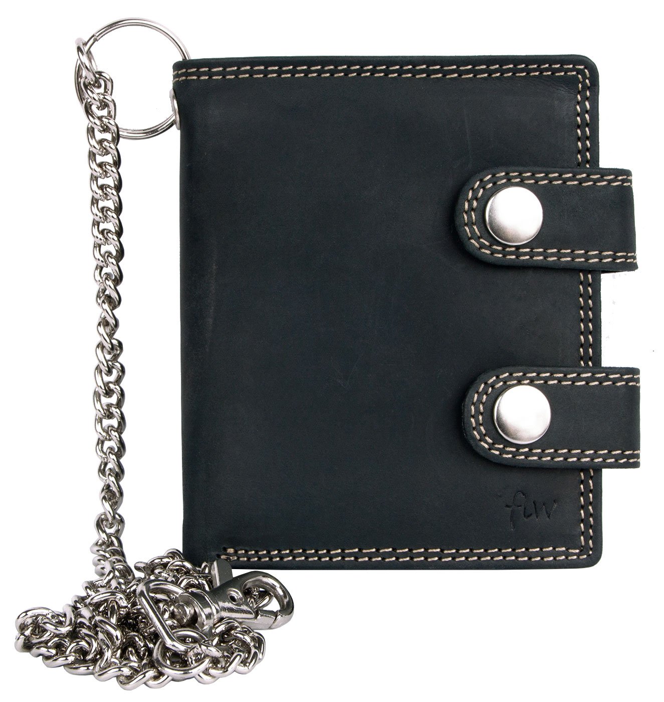 FLW Men's dark grey biker's small genuine leather wallet with 20 Inch long chain