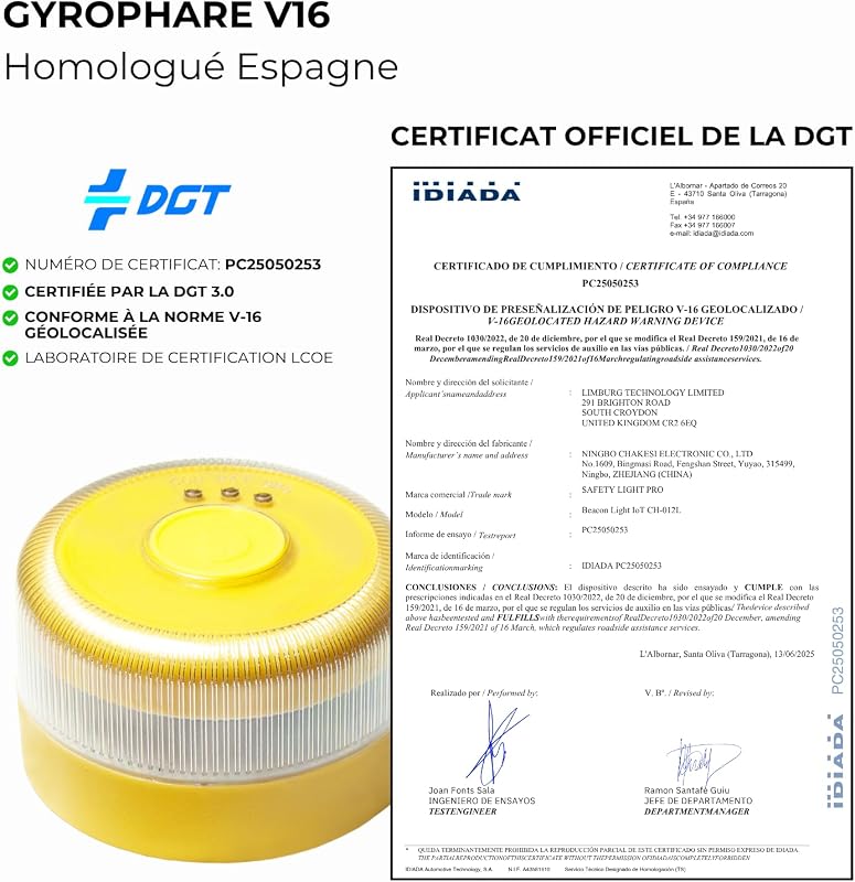 SAFETY Gyrophare v16 Homologué Espagne DGT 3.0 - Balise V16 Homologué Espagne Certifiée - Obligatoire en 2026 pour Tous les Véhicules