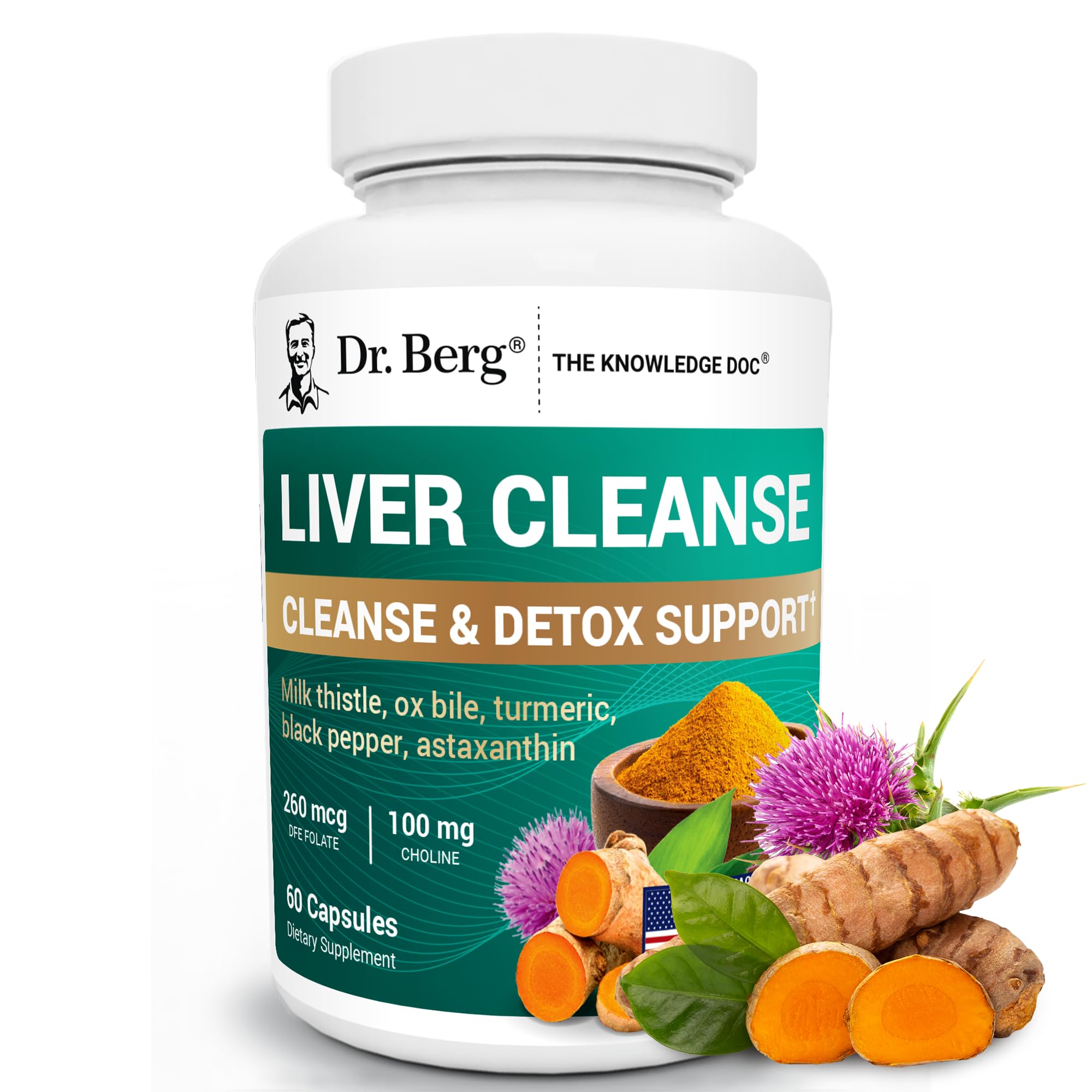 Dr. Berg Liver Cleanse Detox Capsules w/Unique Blend of Milk Thistle, Ox Bile & Folate - Liver Supplement Includes Turmeric, Black Pepper & Choline - 60 Capsules