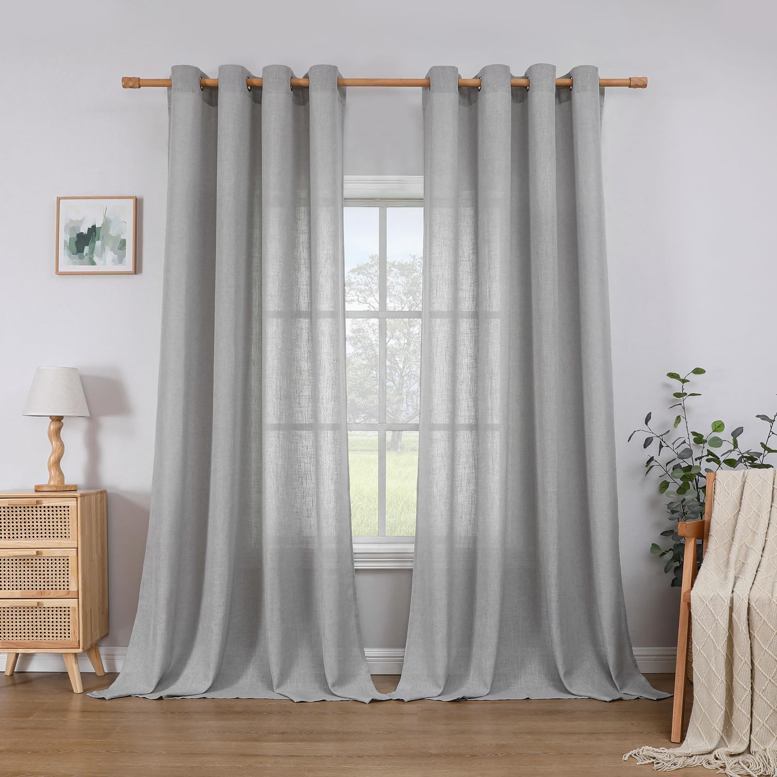 CUCRAF Linen Curtains Eyelet Sheer Net Voile 2 Panels 55" Width x 90" Drop Light Grey
