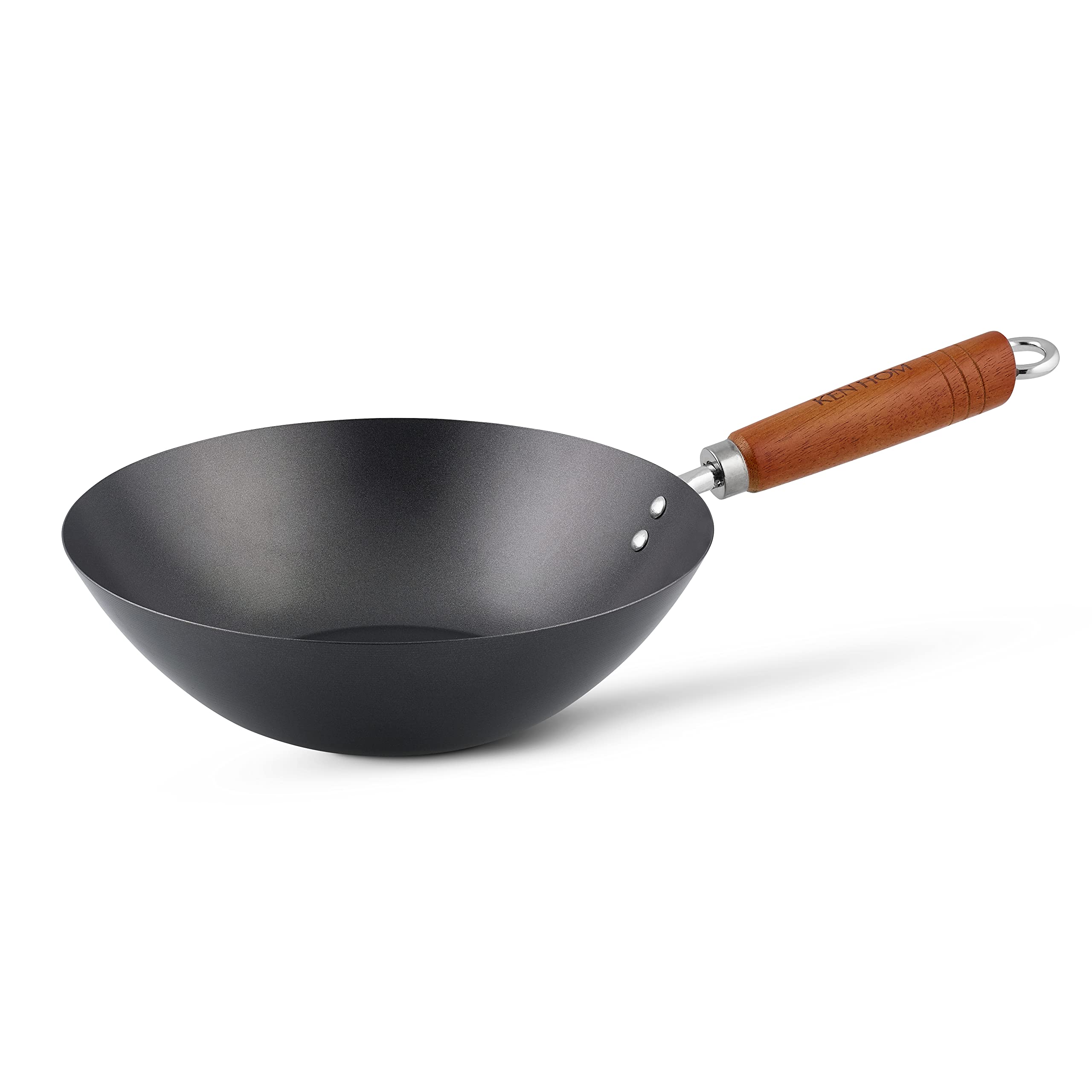 Ken Hom Carbon Steel Wok, Non-Stick 27cm, Classic, Non-Induction, Wooden Handle, Flat Base Pan, Includes 1 x Chinese Wok Pan, KH327001