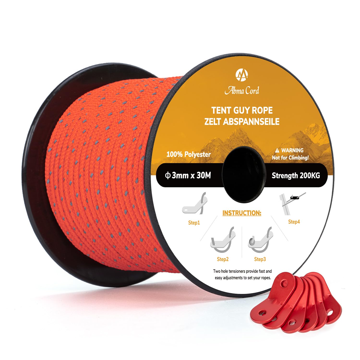 Abma Cord Tent Guy Ropes 3mm 30M Guy Line 6 Pcs Guy Rope Tensioners Heavy Duty Guide Rope for Camping, Gazebos, Awning, Tarp - Reflective Neon Orange