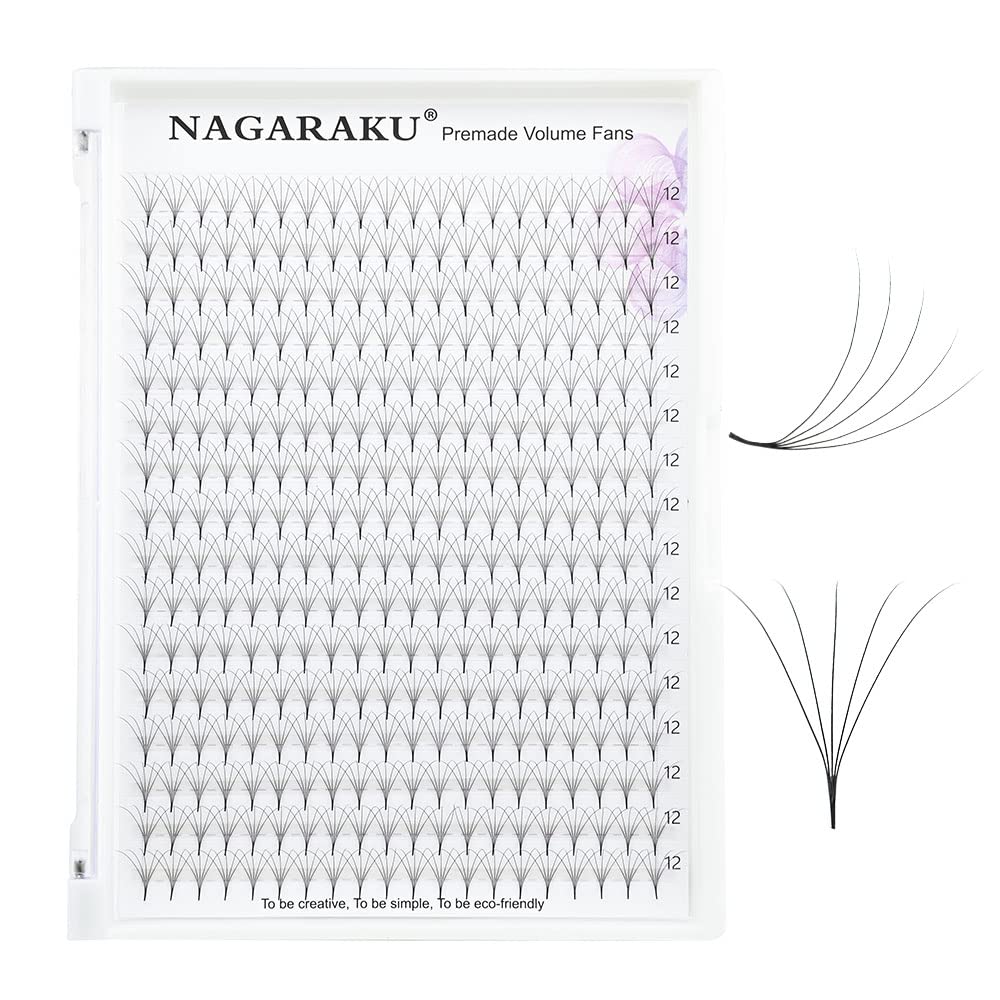 NAGARAKU Eyelash Extensions 320 Clusters Premade Fans Russian Volume Long Stem Premade Fans Thin Pointy Base Natural Pre Fanned Fluffy False Eyelash Black 16 Rows (5D 0.07 C Curl 12mm) — image 1