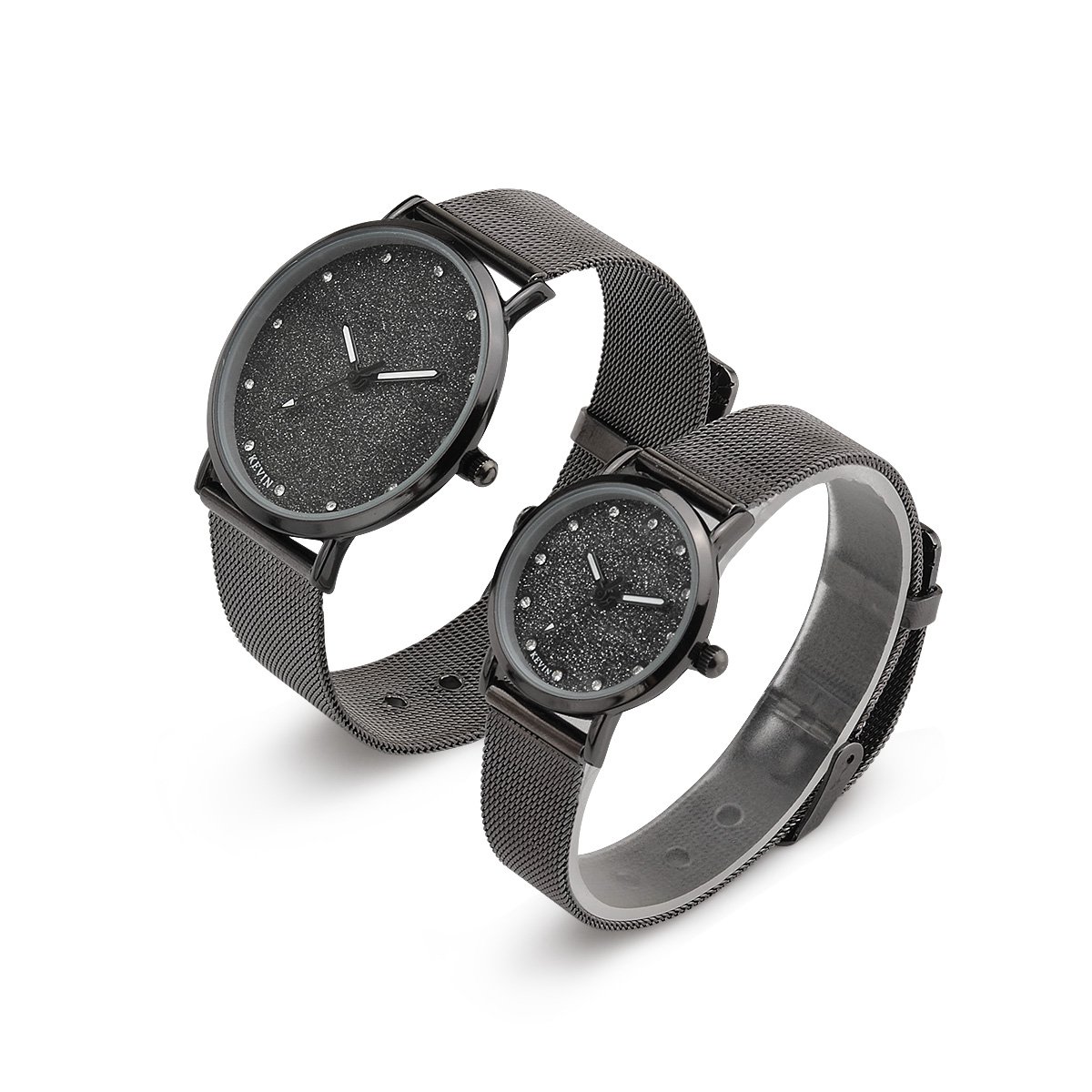 LONGQI Rhinestone Couple Mesh Watch Starry Dial Round Case Sparkling Wristwatch Holiday Gift (Couple)