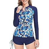 Women's Rash Guard 2 Piece Swimsuit UPF 50 Long Sleeve Zipper Swim Top with Boyshorts Surfing Swimming
