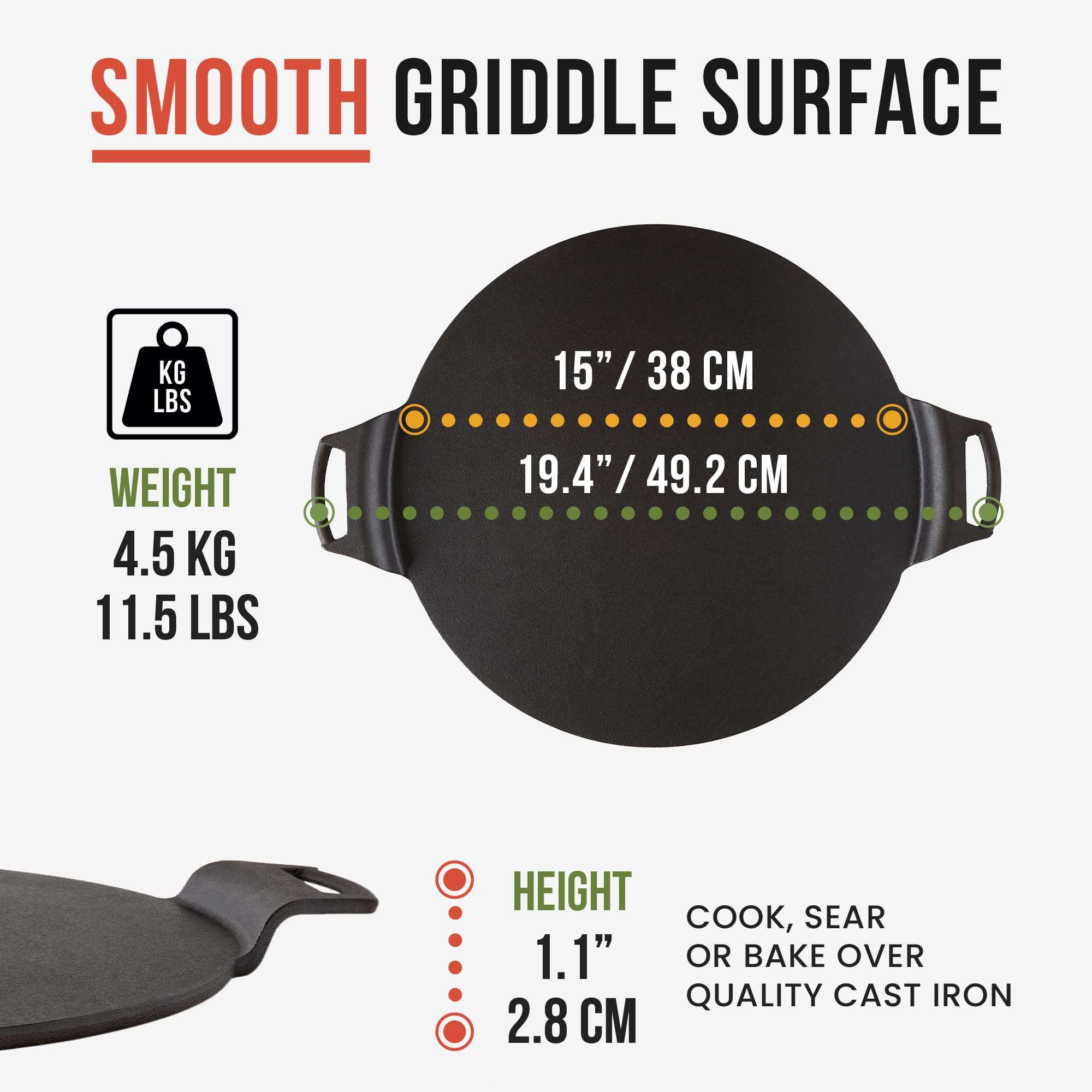 Chef Pomodoro Cast Iron Pizza Pan, Pre-Seasoned Dosa Pan with Handles, Flat Pan for Oven, Round Griddle for Dosa Tawa Roti, Comal for Tortillas, Baking Stove, Oven, Grill BBQ and Campfire (15-inch)