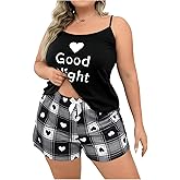 SOLY HUX Women's Plus Size Pajama Set Heart Graphic Cami Tops and Plaid Shorts Sleepwear Loungewear