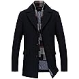 INVACHI Men's Wool Blend Pea Coat Warm Winter Trench Coat with Detachable Soft Scarf Single Breasted Overcoat