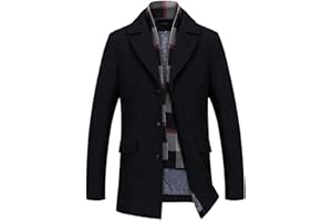 INVACHI Mens Wool Blend Coat Winter Trench Coat with Detachable Soft Scarf Single Breasted Overcoat