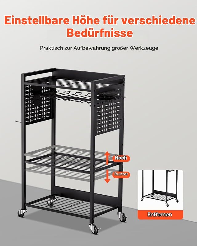 Werkzeugwagen mit 4 Ebenen, Tragkraft 68 kg, Werkstattwagen mit rollbarem Bohrerhalter & stabilem Lagerregal, Montagewagen für die Garage, Werkstatt, Garage, schwarz, 560x350x970 mm