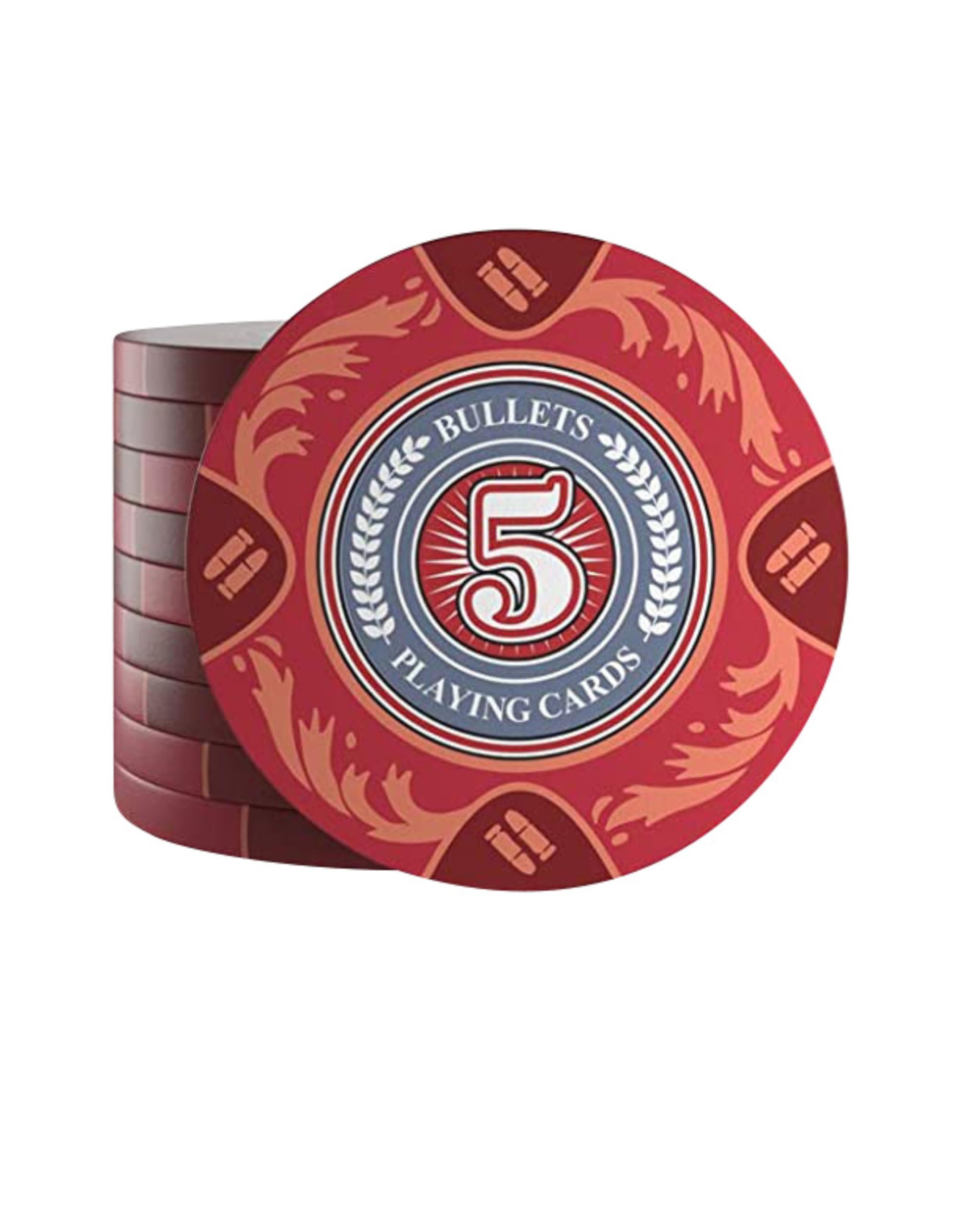 Bullets Playing Cards, 25 clay poker chips, Red, Extra Large print, for poker set, value 5, 14 g, 4 cm diameter
