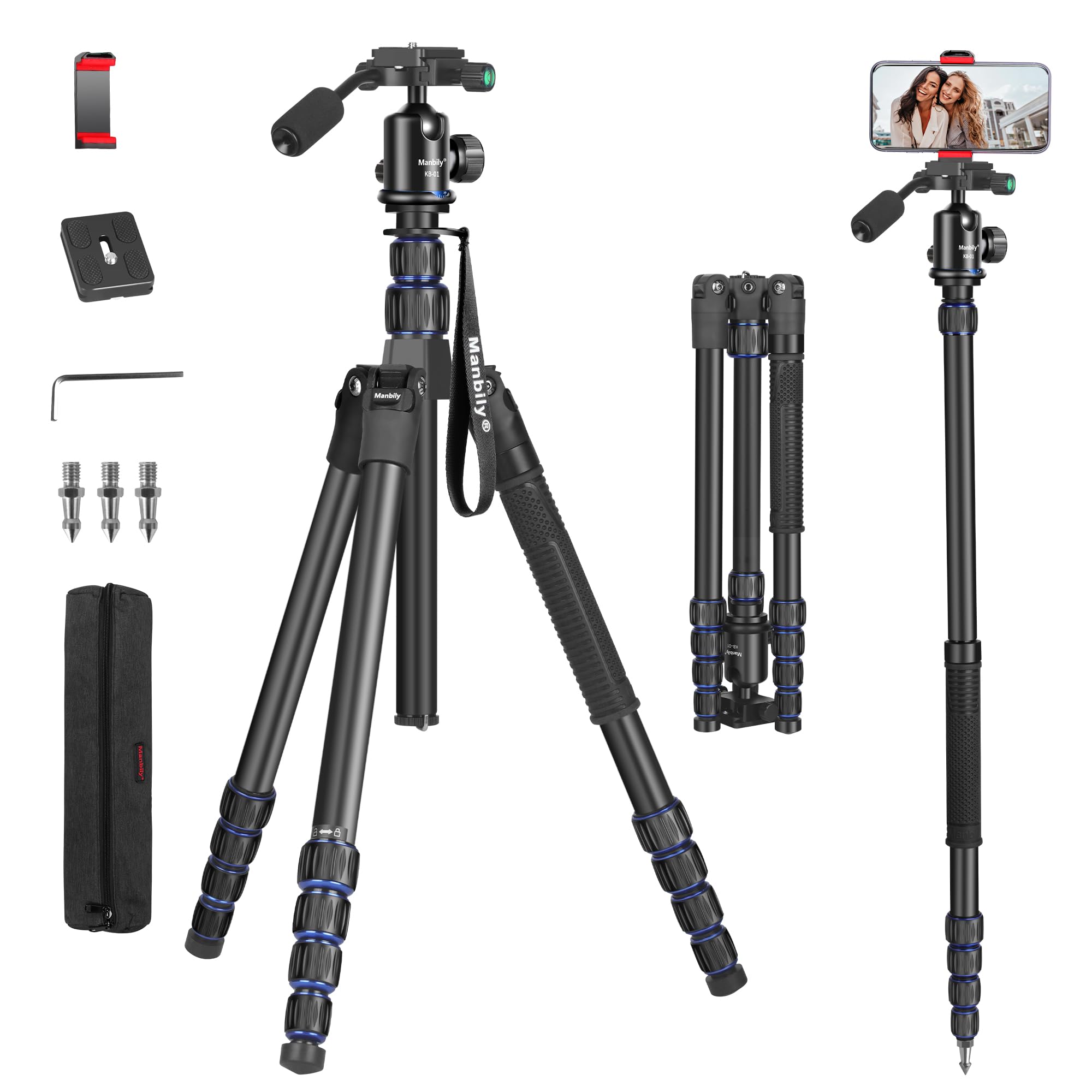 Camera Tripod Manbily 74" Aluminum Travel Tripod Monopod Stand Lightweight Compact for DSLR Camera Phone Camcorder Video, 360° Ball Head with Handle, 1/4" QR Plate, Payload 17.6lbs, Canon Nikon Sony