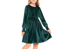Arshiner Girls Long Sleeve Dress Velvet Crew Neck Midi Fall Vintage Plain Dress for Kids 4-13Y