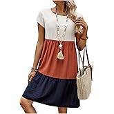 SHENHE Women's Plus Size Midi Dress Color Block Short Sleeve T Shirt Dress Ruched Flared Hem Casual Summer Dresses