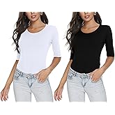 RightPerson Women's Basic Half Sleeve Round Neck T-Shirt Stretchy Casual Cotton Tops