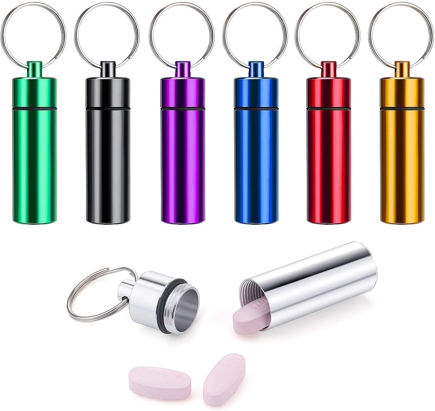 7PCS Travel Waterproof Pill Holder Portable Box Case Bottle Keychain Container Aluminum