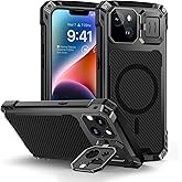 Lanhiem Magnetic for iPhone 14 Metal Case, [Built-in Camera Kickstand & Glass Screen Protector] Heavy Duty Shockproof Full Body Rugged Protective Magsafe Cover for iPhone 14 6.1" (Black)