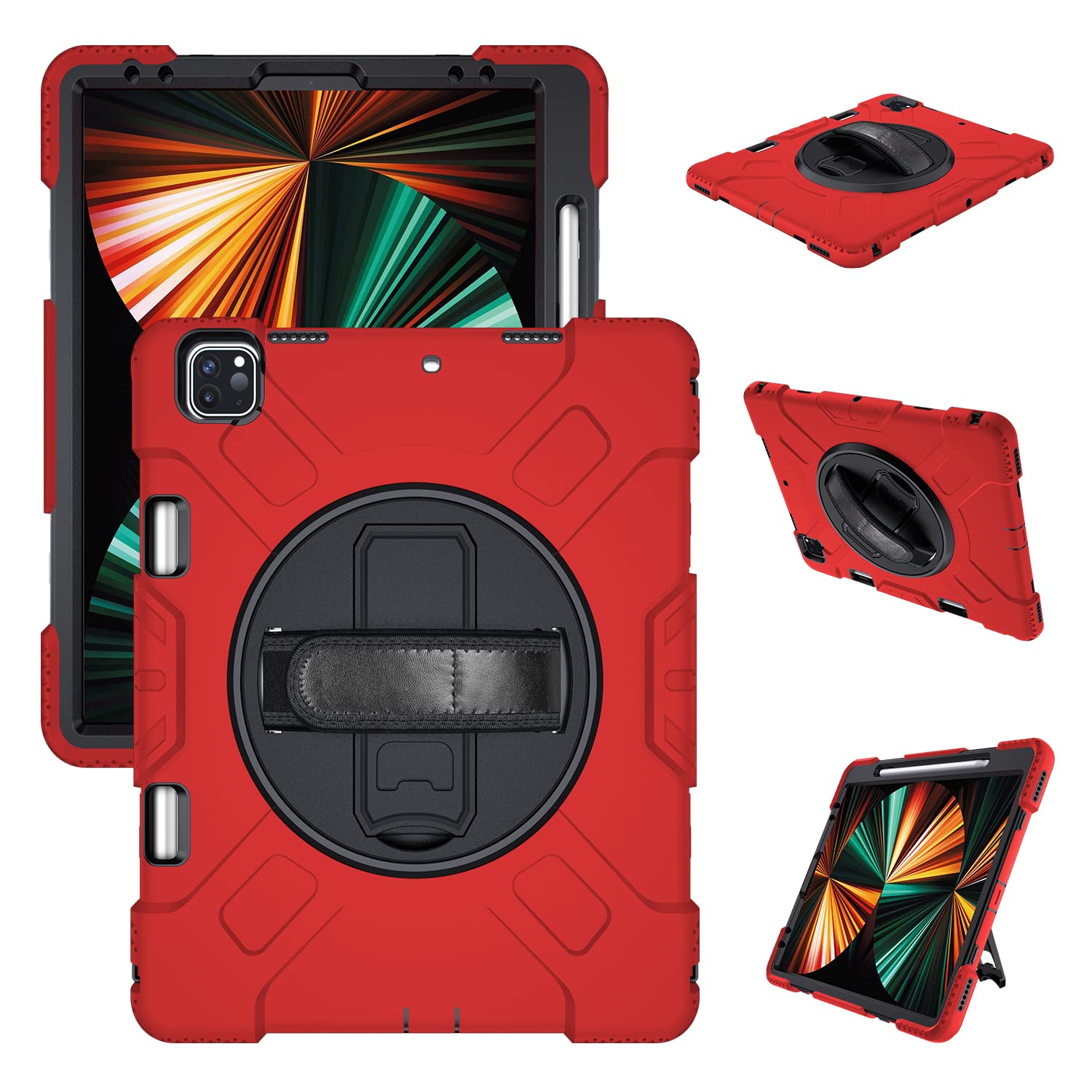 Case for iPad Pro 12.9 Inch (5th/4th/3rd Generation, 2021/2020/2018), Full Protective iPad 12.9 Case with 360 Rotating Stand & HandStrap Pencil Holder (Red)